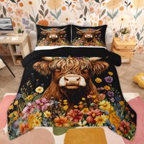 Homewish Brown Farmhouse Cow Queen Comforter Set for Child, Vibrant Groovy Flower Floral Bedding Sets, Kawaii Animal Reversible Bedding Comforter Set, Ultra Soft Bedroom Decor, 3 Pieces