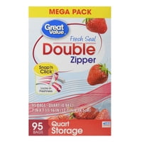Great Value Fresh Seal Double Zipper Bags, Mega Pack, Quart, 95 Count