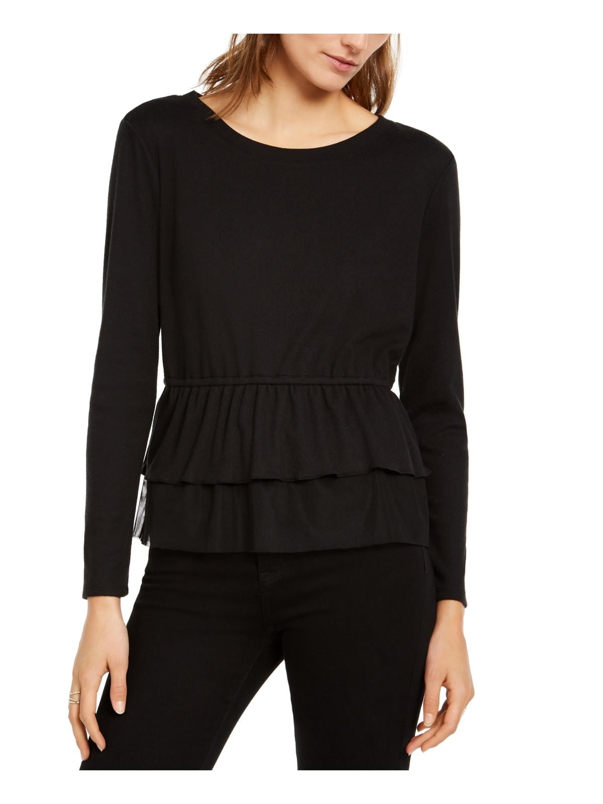 V Neck Long Sleeve Peplum Top Black XL 