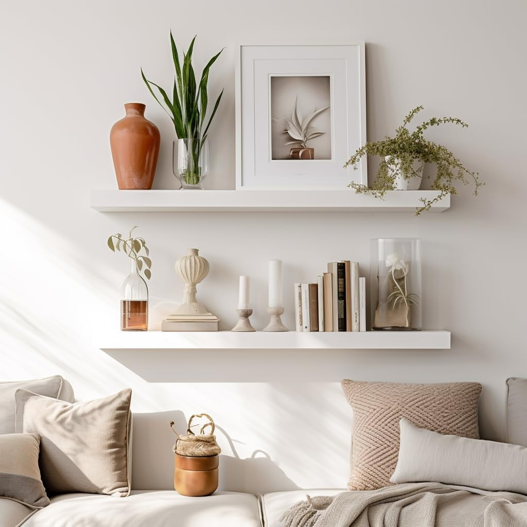 Floating Shelves, 24 Inch Wall Shelf Set of 2, Hanging Shelf with Invisible Brackets, Wall Decor for Bathroom, Bedroom, Living Room, Kitchen Storage, Modern White