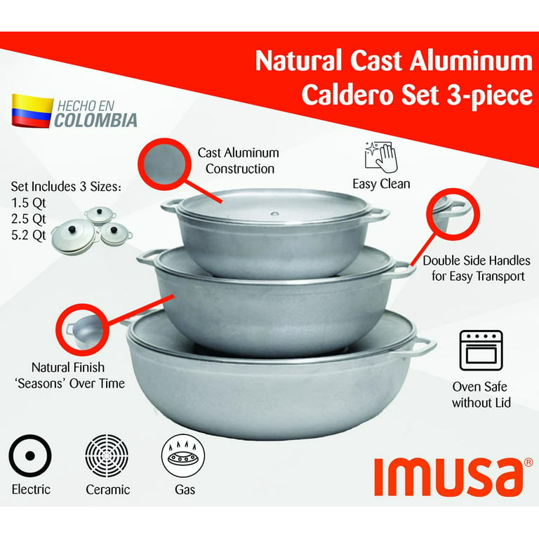 Imusa IMUSA USA Traditional Colombian Natural Caldero Glass Lid & Steam  Vent 3-Piece (1.4/3.4/6.6) Quart, Silver (Dutch Oven Set)