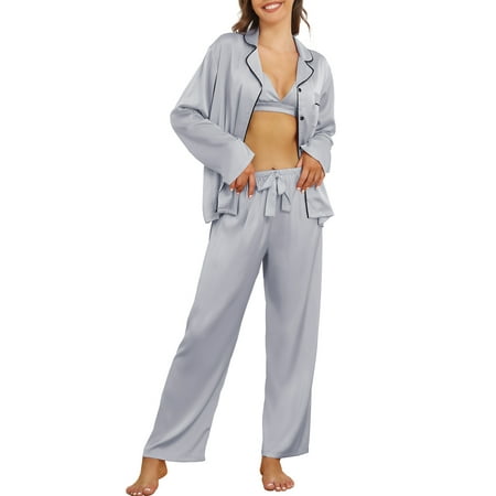 

Silk Satin Pajama Sets for Women 3Pcs Pajamas with Bra Button Up Long Sleeve Loungewear Notch Collar Soft Sleepwear