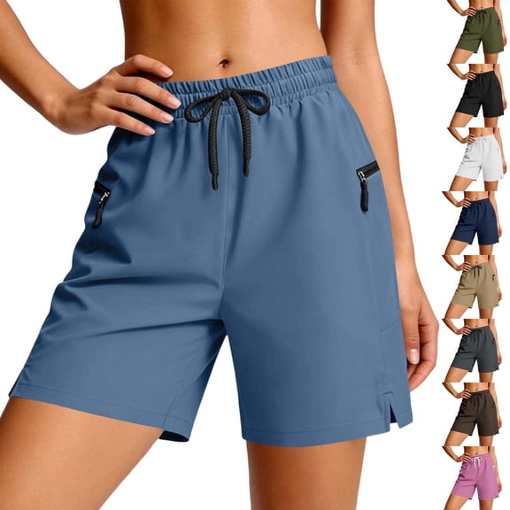 Women's Nylon Spandex Lightweight Shorts with Zippered Pockets, Mid Elastic Waist, Quick Dry Outdoor Leisure Hiking Running Casual Travel Athletic Shorts for Women | UKHCCC,Army Green L