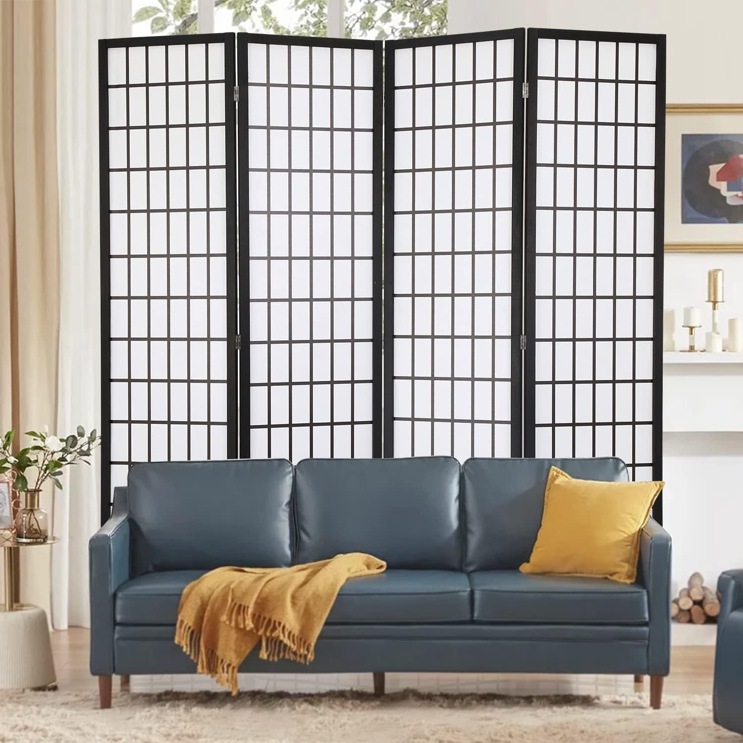 XF XINFENG 6 ft 4 Panel Room Divider, Folding Privacy Divider, Wooden Room Divider Screen, Portable Freestanding Wall Divider, Japanese-Inspired Screen for Home Office Restaurant Bedroom
