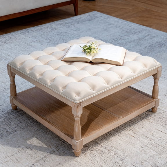 CQSXDA 33-Inch Square Coffee Table Ottoman In Linen With Storage And Sturdy Legs For Your Living Room Or Office