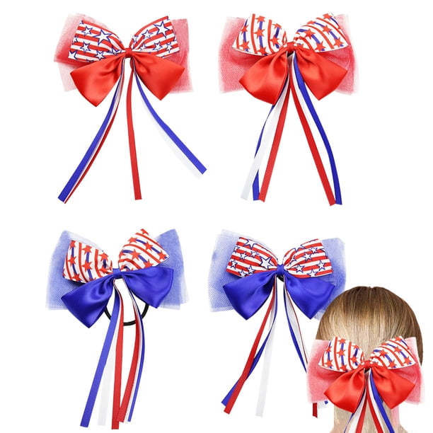 4 lazos para el pelo con purpurina de la bandera de Estados Unidos del 4 de julio, horquillas para el pelo con lazos para el pelo de animadoras patrióticas con elástico para el pelo,