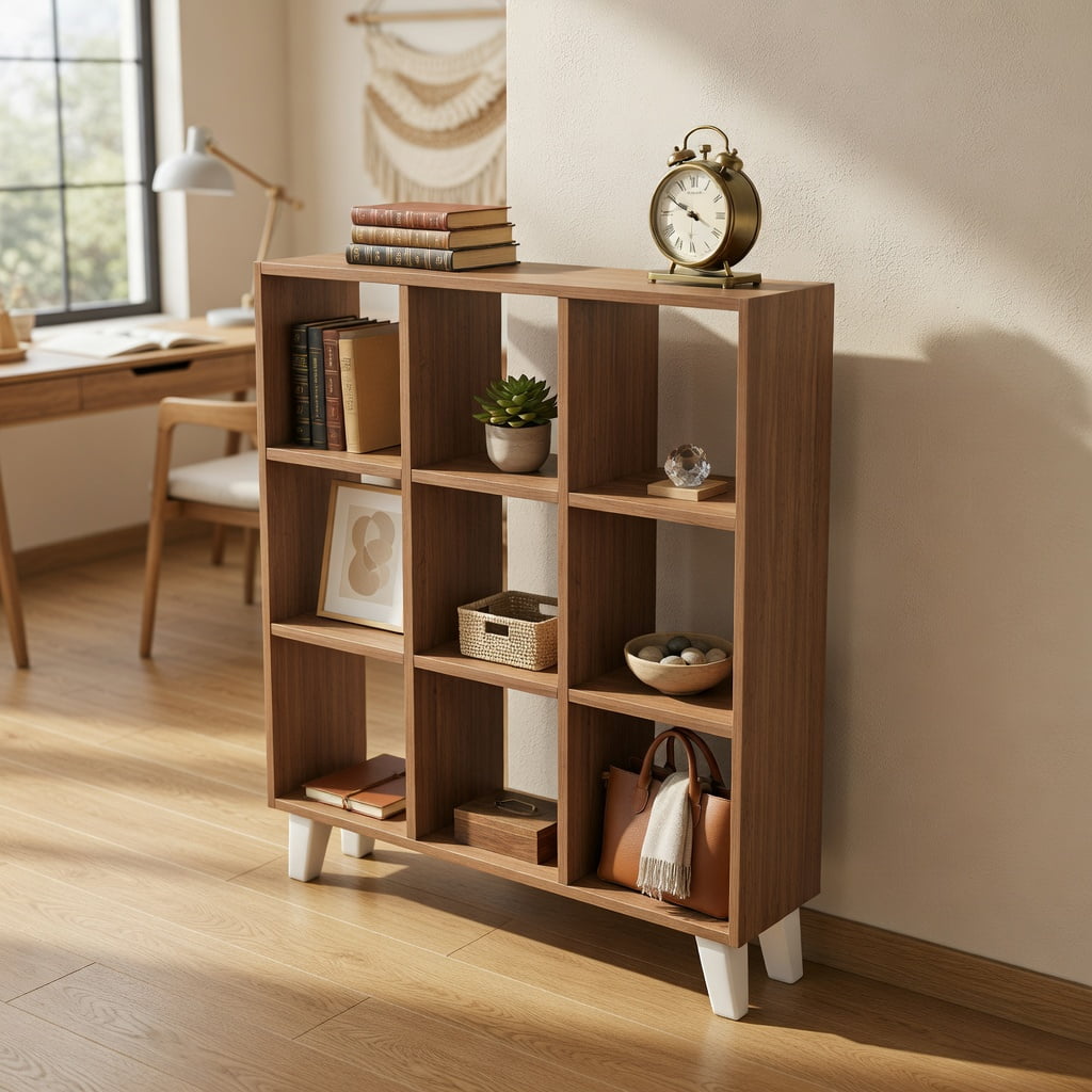 Barara King Book Shelf, Bookshelves,9-Cube Bookcase with 6 Removable Shelves and Raised Support Feet-Brown