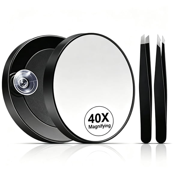 OUNALONG 40X Magnifying Mirror, 3.5 Inch Round Compact Mirror with Suction Cup, Stainless Steel Tweezers, Perfect for Makeup, Eyebrows, Beards, Travel
