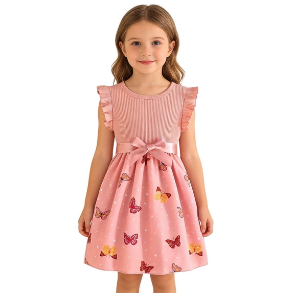 RMGVDSD Toddler Girls Dresses Flying Sleeve Summer Dress With Butterfly Print Flowy Dress Kids A-Line Sundress Cute School Dresses 4-5 Years