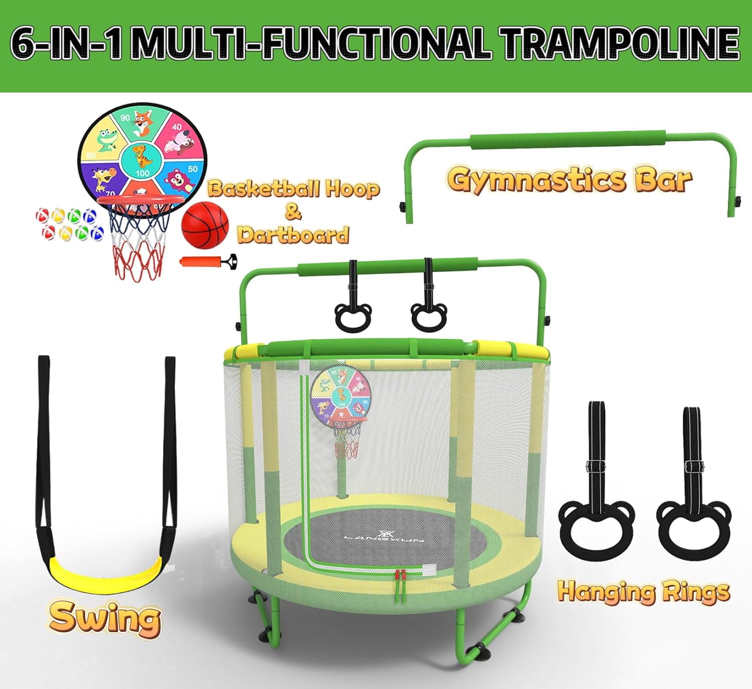 LANGXUN 6-in-1 Mini Trampoline 60" 5ft, Toddler Indoor Outdoor Trampoline with Swing, Basketball Hoop, Dart Board & Rings, Perfect Gift for Boys Girls