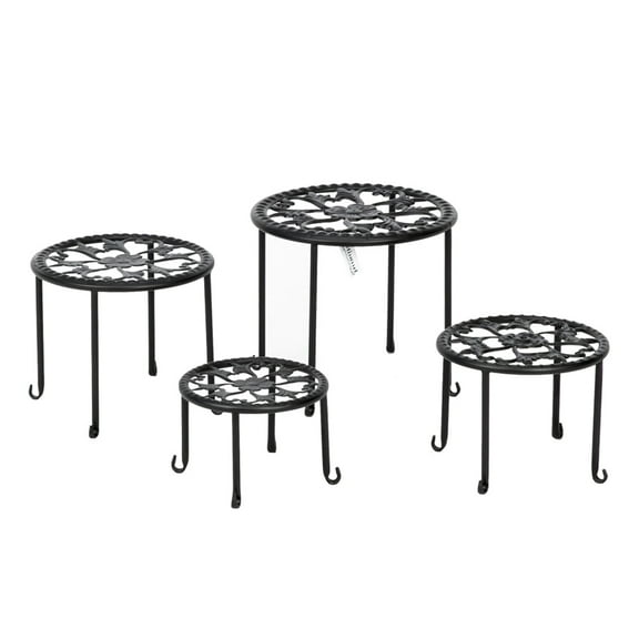 4 Pcs Round Pot Plant Stands with Paint Prints Metal Indoor Garden Flower Display Shelf Rack