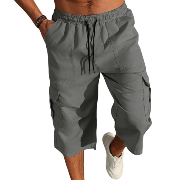 Dwellite Long Shorts Mens Below Knee Relaxed Fit Sweat Cargo Shorts Casual 3/4 Capri Pants Golf SweatShorts Multi Pockets Gray L