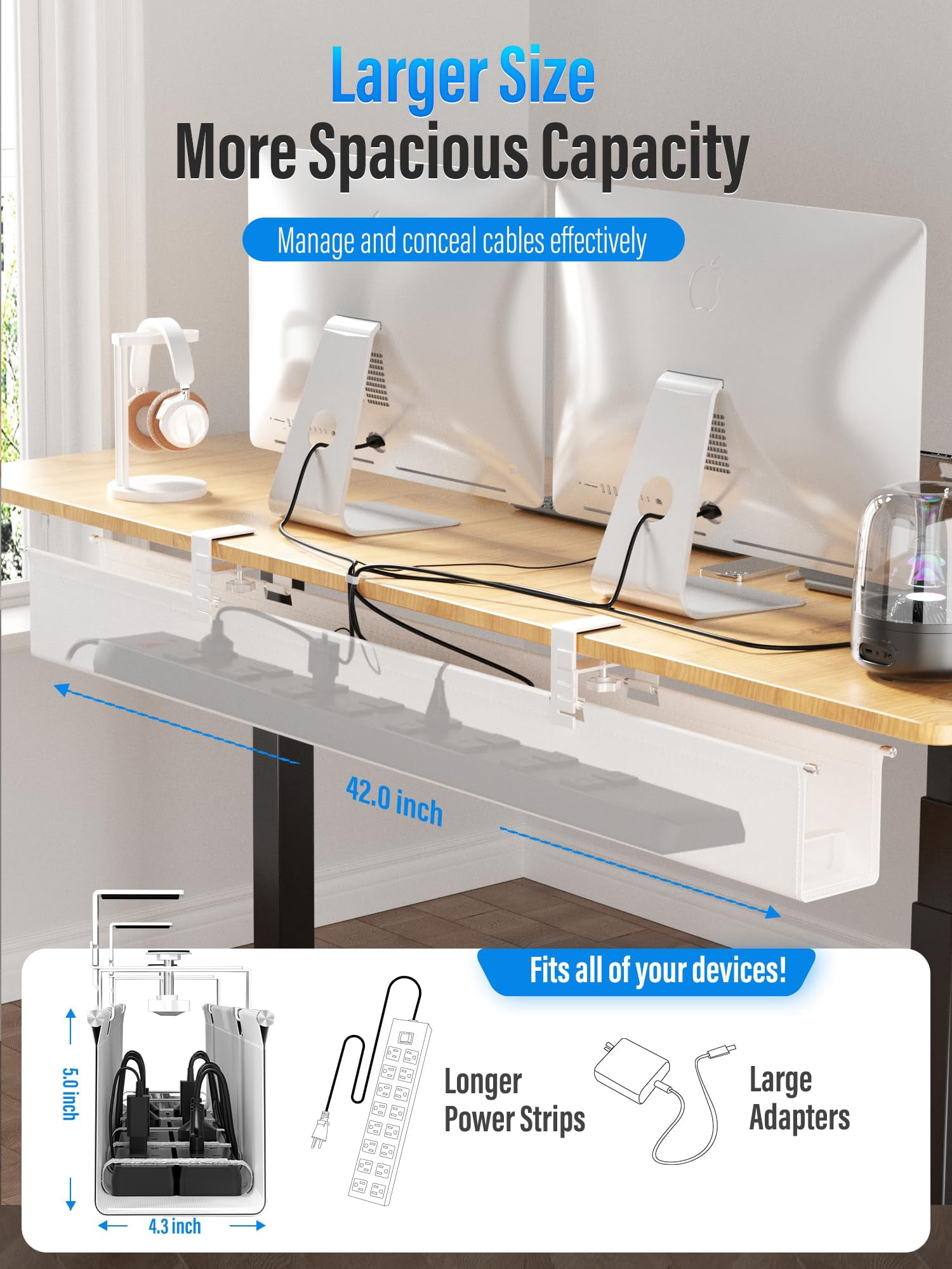 [upgraded] Large Under Desk Cable Management Tray  No Drill 42" Fabric Cord Hider For Wire Organizer Office Home - Supports Up To 30lbs White