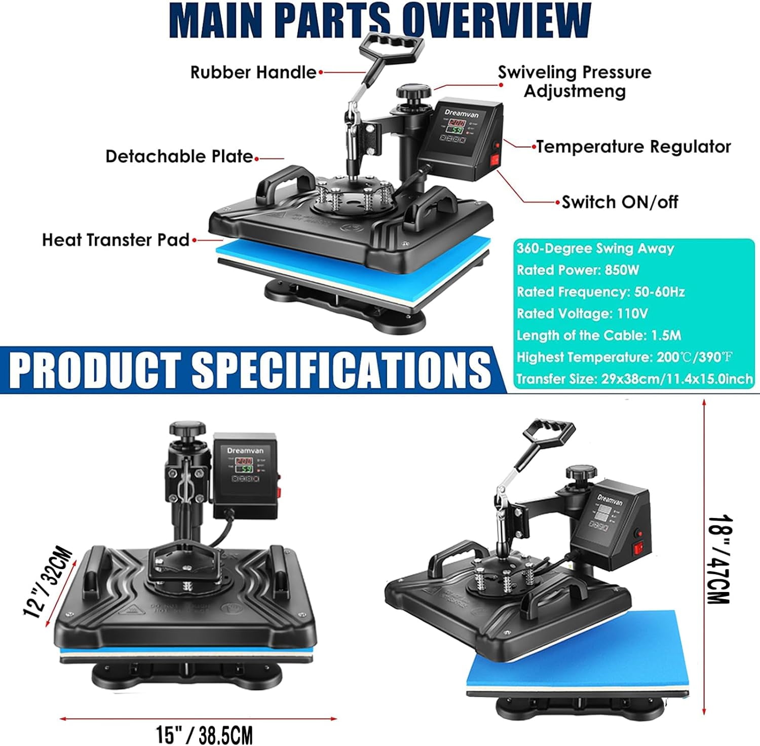 8 in 1 Heat Press Machine, 12" x 15" Combo Digital Multifunctional Sublimation Heat Transfer Machine, 360-degree Rotation Swing Away Shirt Printing Machine for Tshirt,Hat,Mug,Plate