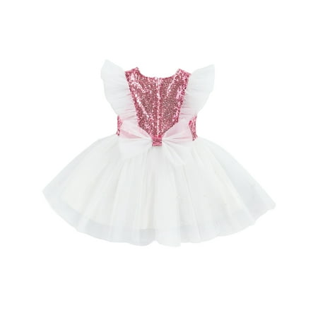 

TheFound Princess Infant Kids Girls Party Dress Sequined Solid Patchwork Lace Fly Sleeve Back Bow Knee Length Tutu Dress