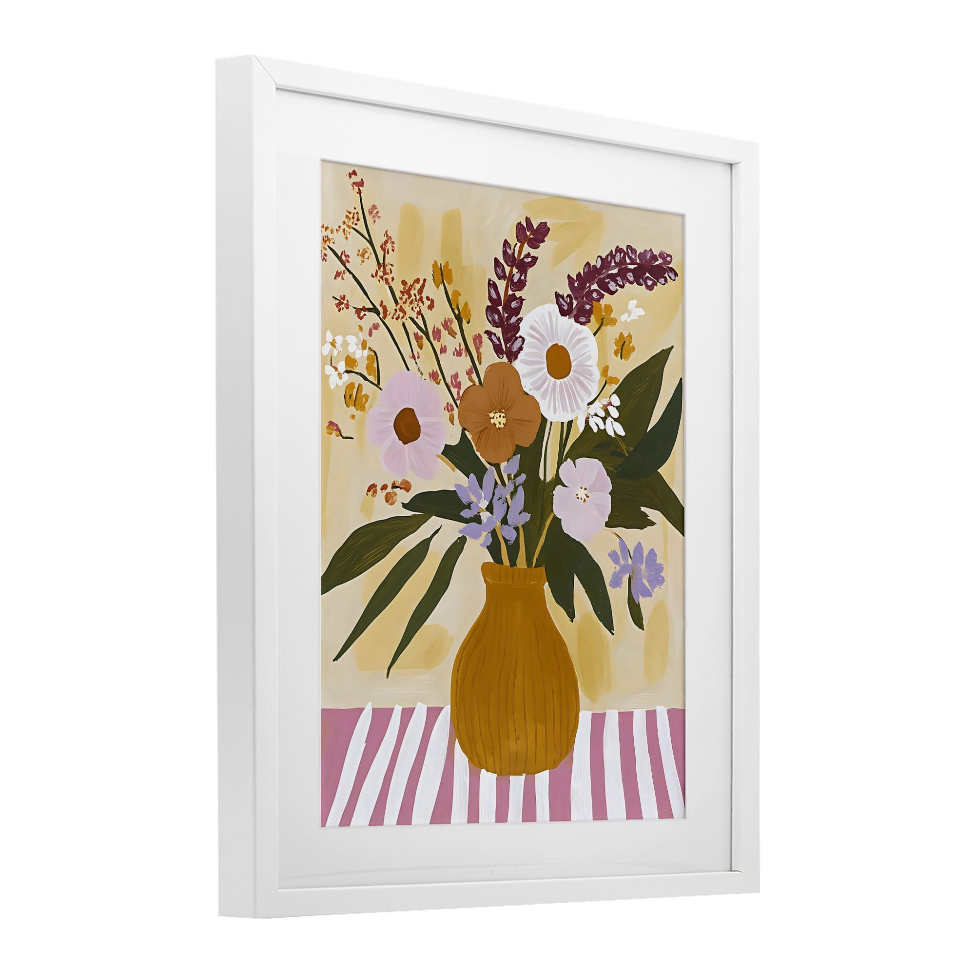Stupell Industries Boho Flowers on Pink Stripes White Framed Print Under Glass, design by Creative Studio