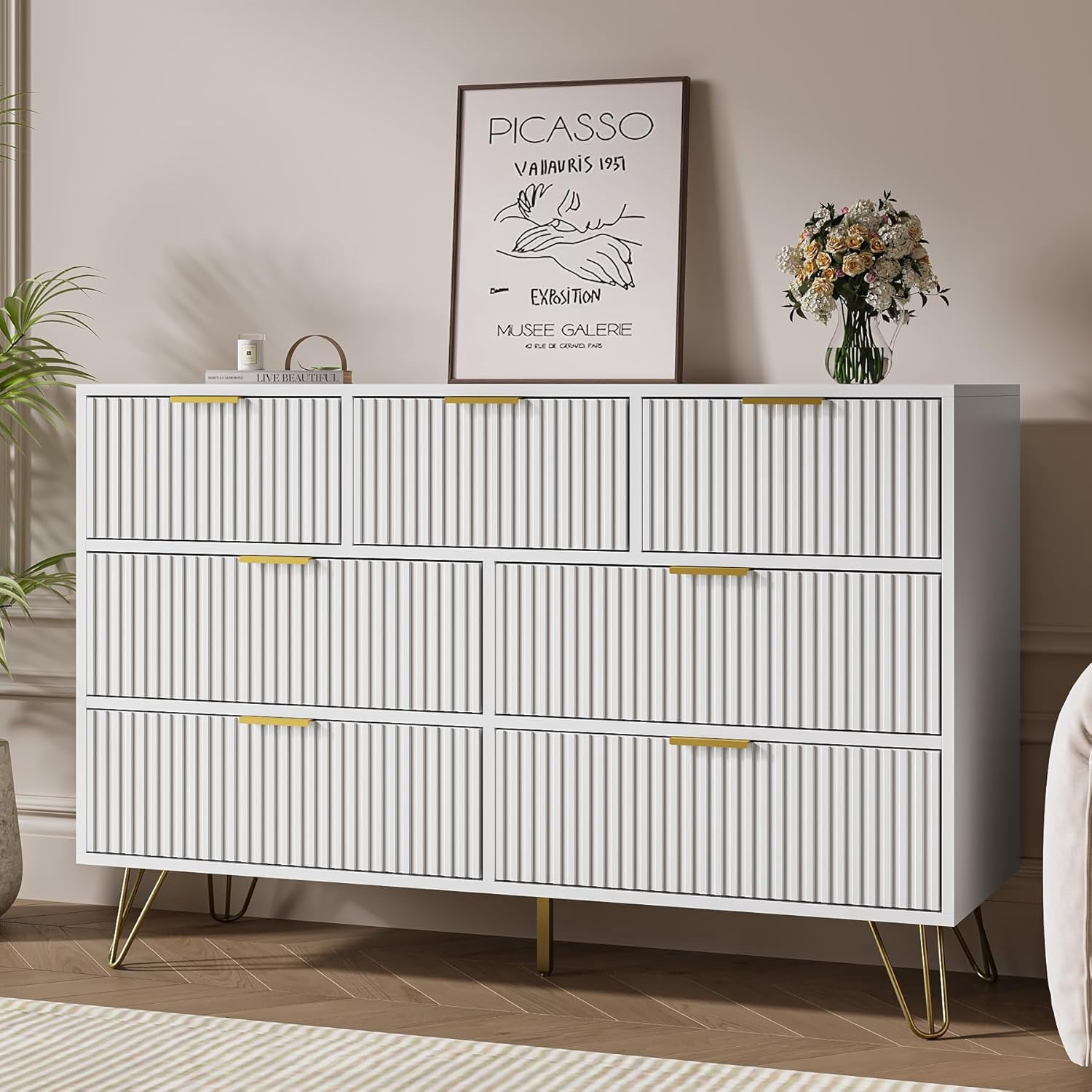 FURNIWAY Dresser for Bedroom, Fluted Modern Dresser with Gold Pulls and 7 Drawers,Fluted Wood TV Stand for Living Room, Hallwa,White