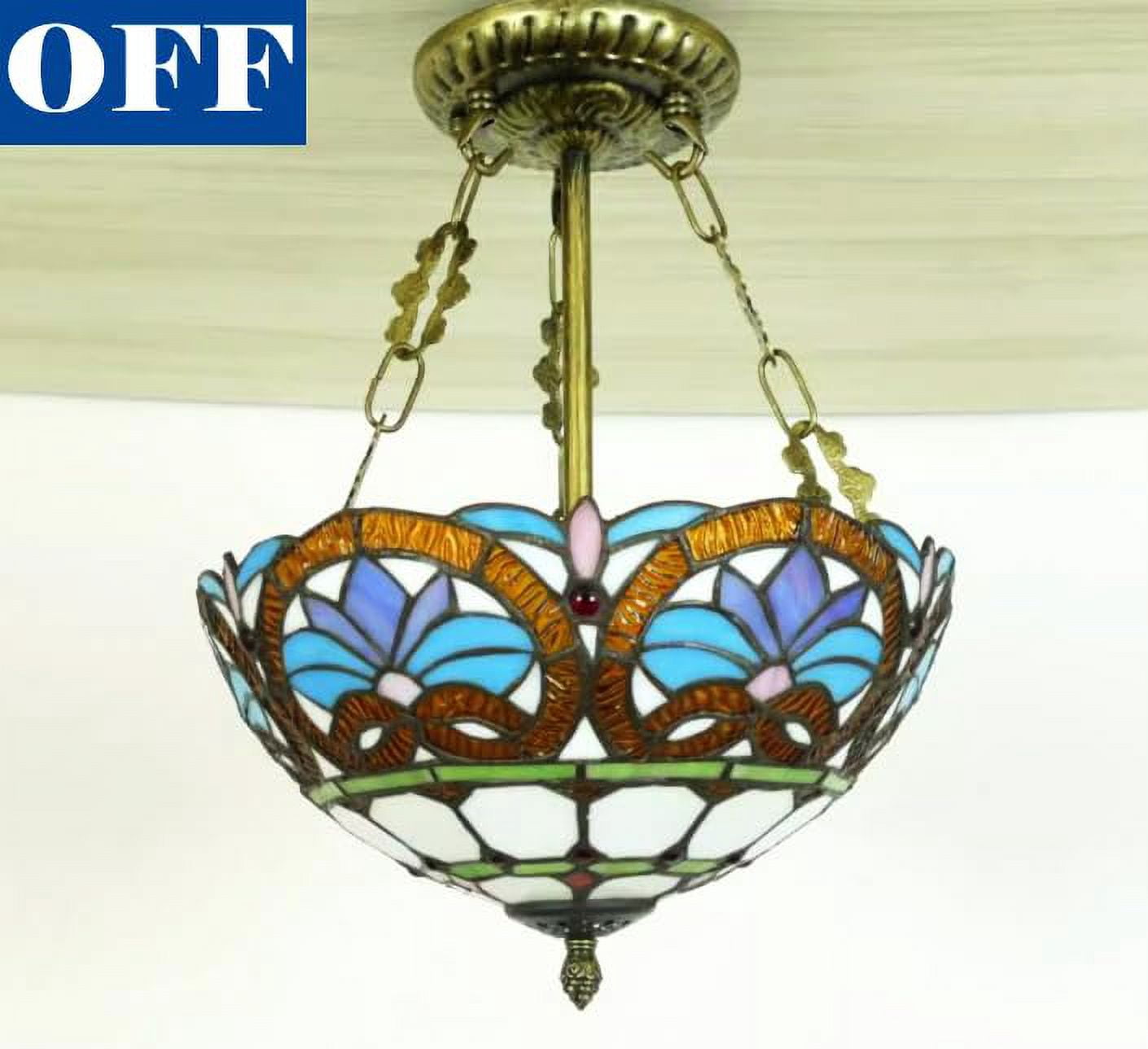Kiven 11.8in Flush Mount Ceiling Light Fixture Dimmable, 2-Light Anti Glare Close to Ceiling Light with 15FT Plug-in Cord, Tiffany-Style Glass Chandelier for Bedroom Kitchen Hallway(No.3217)
