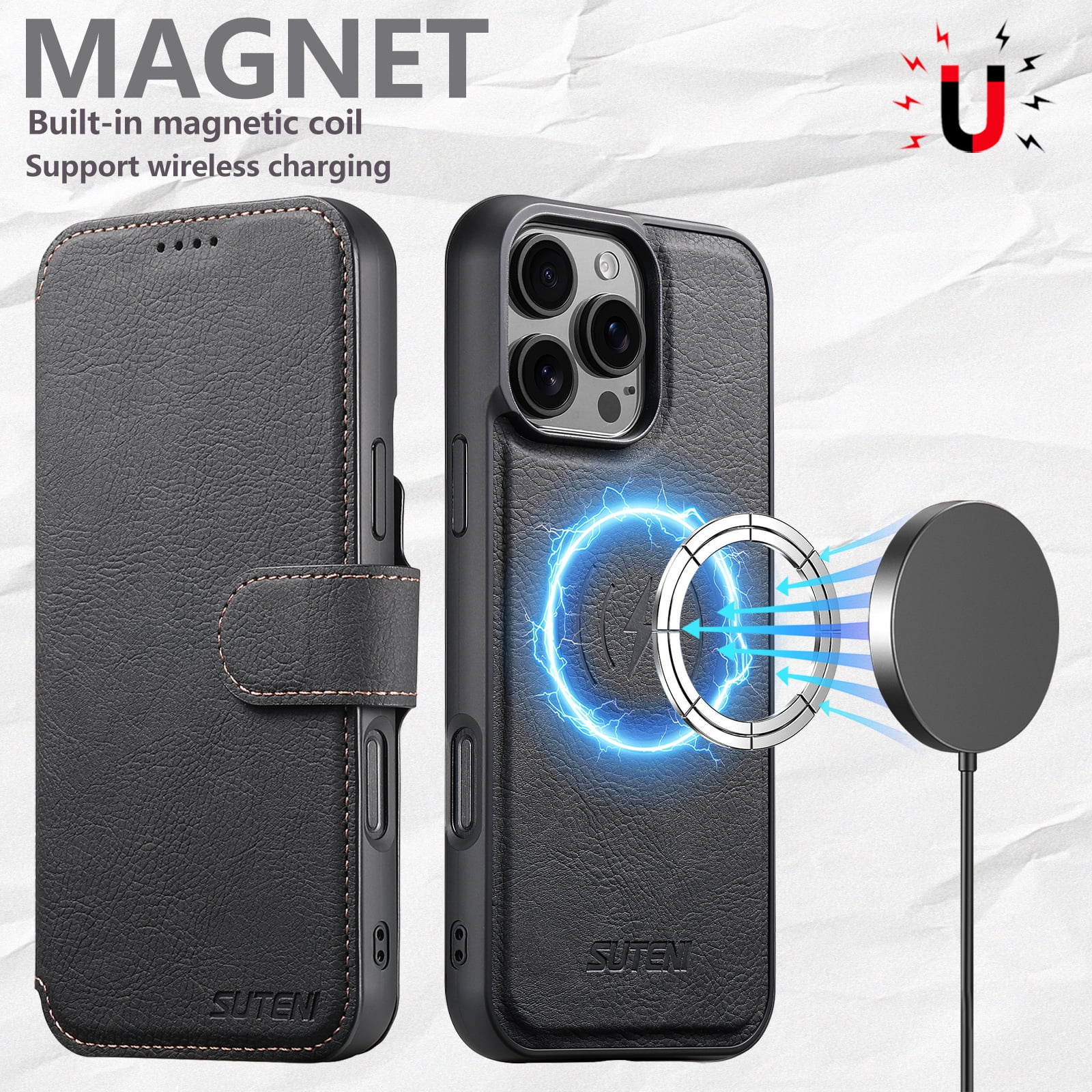 For iPhone 15 Pro Max Wallet Phone Case,Magnetic Detachable PU Leather Flip Design,Compatible with Mag-Safe,With Card Slots,Kickstand,Magnetic Closure Shockproof Anti-Fall Rugged Phone Case,Black