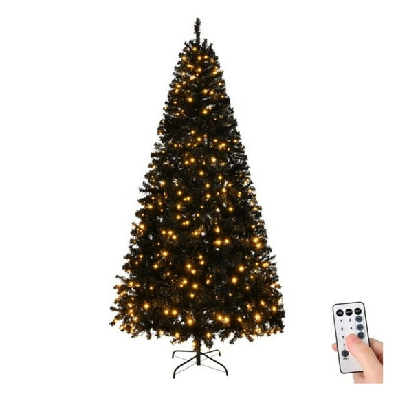 8 FT Pre-lit Black Christmas Tree, 1450 Tips, Hinged Xmas Pine Tree with Lights & Remote, Holiday Decor for Home Office