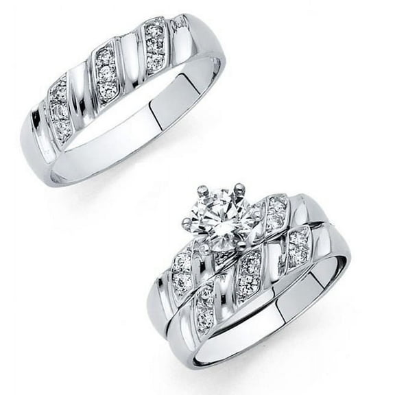 14k White Gold Round 1.5 ct CZ Solitaire with Accent Wedding Ring Trio Set