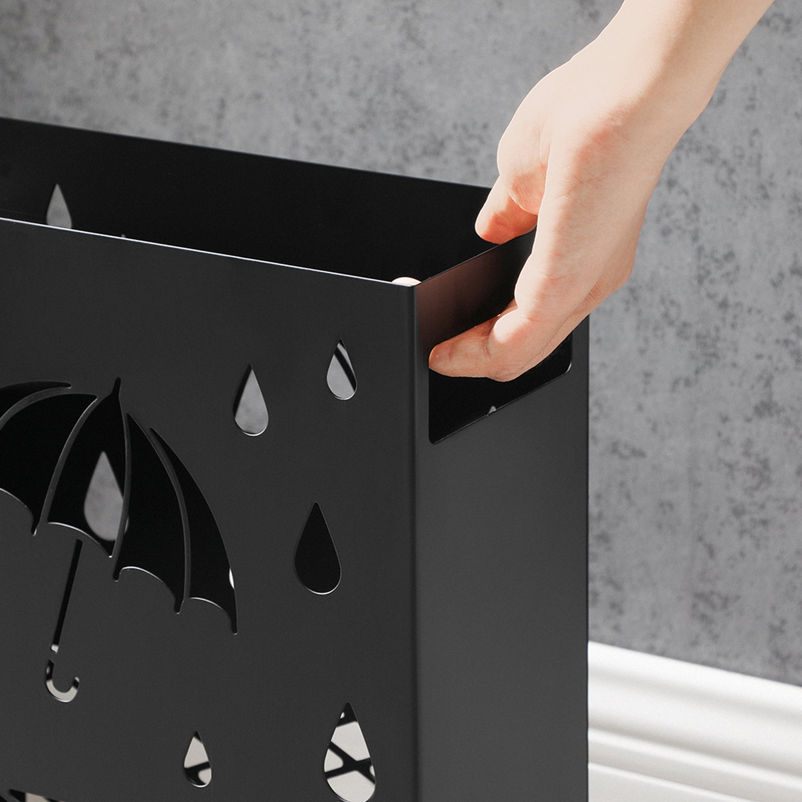 SONGMICS Metal Umbrella Stand, Rectangular Umbrella Holder Rack, with a Removable Drip Tray, 4 Hooks, Cutout Design, for Entryway, Office, Black