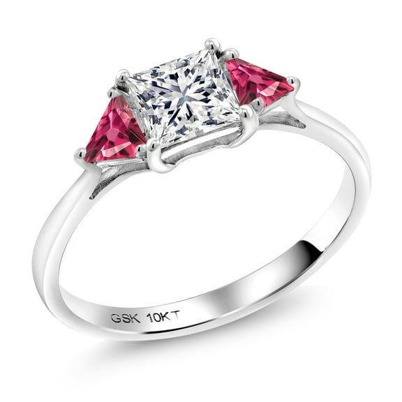 Gem Stone King 10K White Gold Lab Grown Diamond and Pink Tourmaline Engagement Ring for Women | 1.04 Cttw | Princess 5MM | Gemstone April Birthstone | Size 6