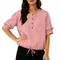 thumbnail image 2 of Agkizg Women's Linen Cottons Blouse Crew Neck Short Sleeve Ruffle Pocket Solid Color Casual Top, 2 of 5