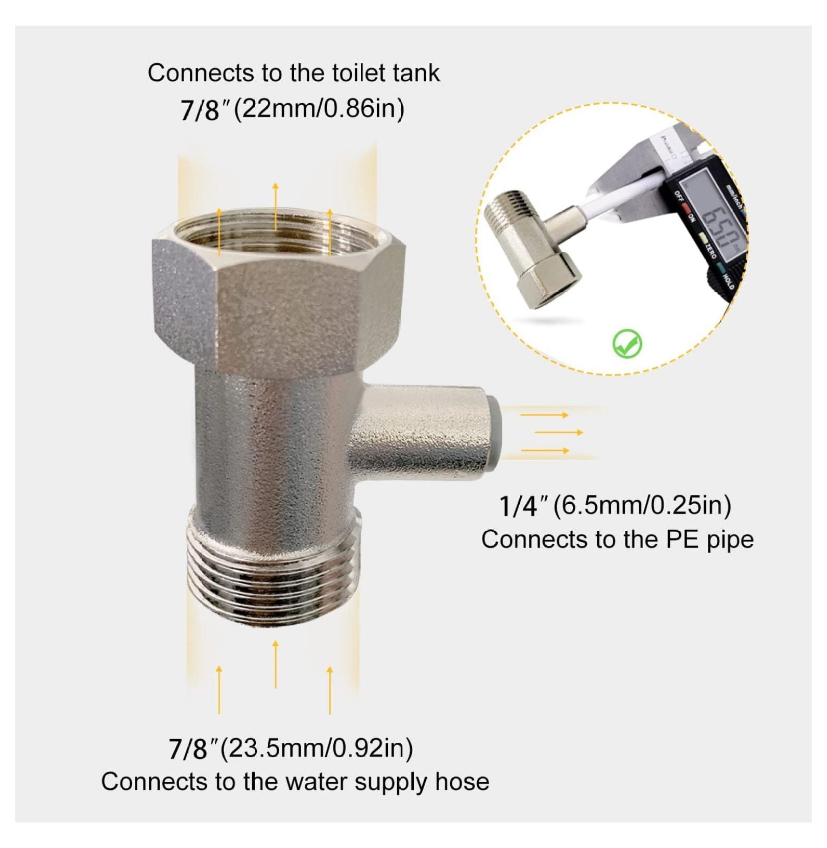 3 Way Tee 7/8" x 7/8" x 1/4" Bidet T Adapter for Toilet Bidet Sprayer, Brass T Connector for Bidet Attachment, Toilet Supply Line Splitter