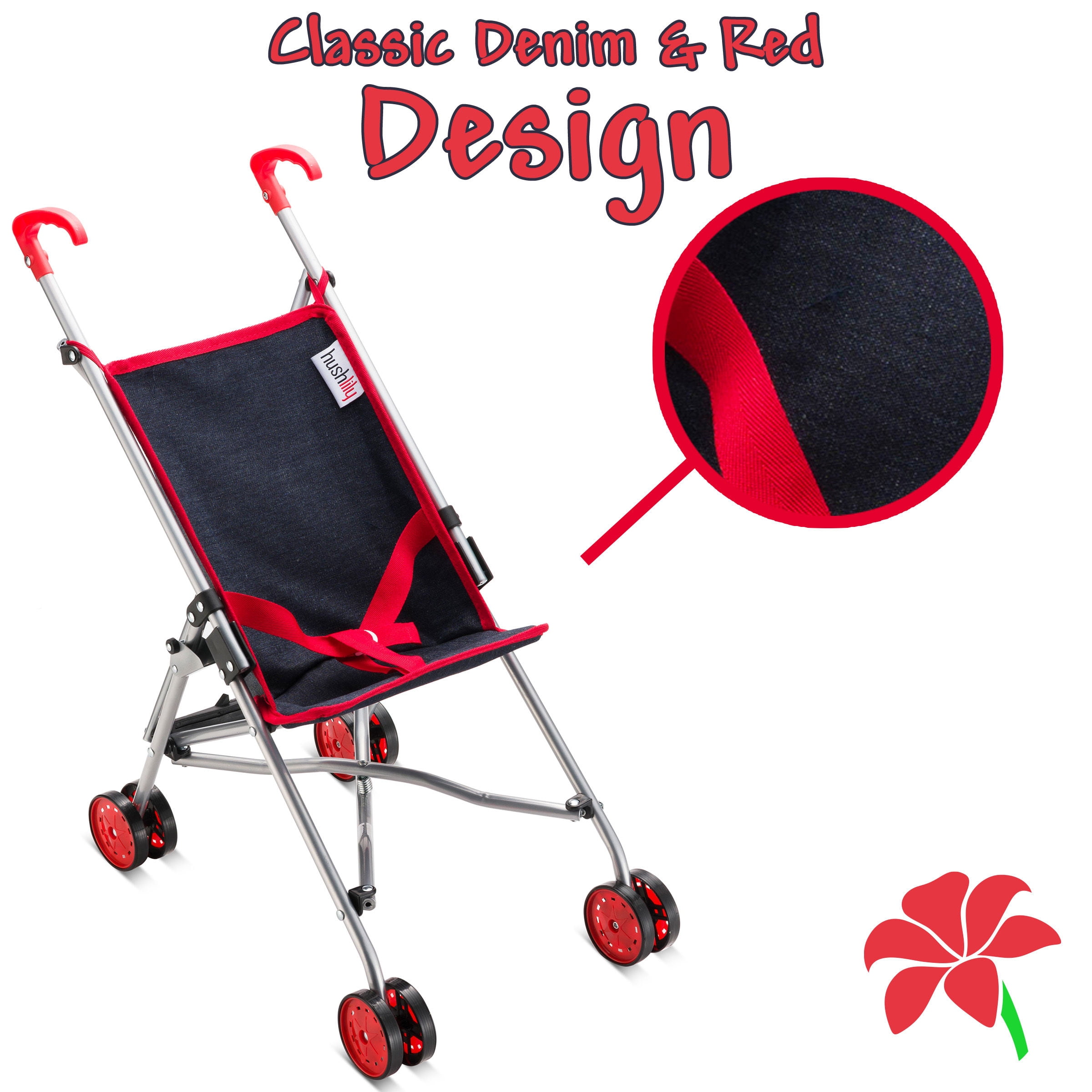 HUSHLILY - Baby Doll Stroller, Light Weight Foldable, with Smooth Rolling Wheels - Denim Blue & Red