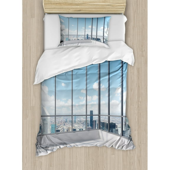 Modern Duvet Cover Set, Cityscape Office with Big Windows Clear Sunny Sky View Photograph Print, Decorative 2 Piece Bedding Set with 1 Pillow Shams, Twin Size, Sky Blue Grey and White, by Ambesonne