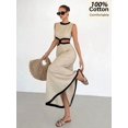thumbnail image 6 of Apricot 100% Cotton Sleeveless Color-Blocked Hollowed-Out Maxi Dress, High-Waisted With Slit, Casual Beach Elegance, 6 of 6
