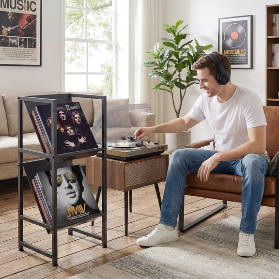 Conceptual Design Vinyl Record Storage, 2 Tier Black Metal Record Holder, Stylish Storage Solution for Your Collection