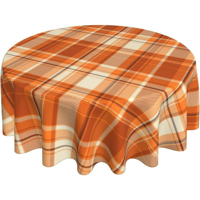 Nappe Ronde Orange d'Automne 60 Pouces pour l'Action de Grâce, Motif Carreaux Buffalo, Vêtements de Table à Carreaux Rustiques Style Ferme, Nappe Ronde Réutilisable pour Pique-Nique, Fête, Décoration de Salle à Manger à la Maison