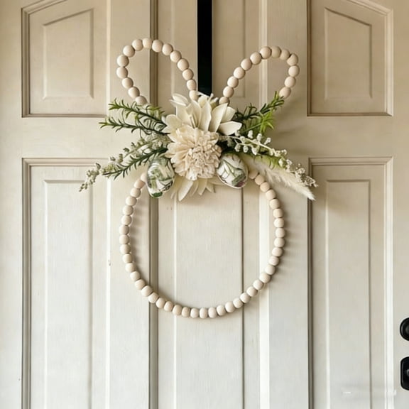 Easter Bunny Indoor Outdoor Decorations Wooden Bead Wreath Front Door Wall Decor Holiday Arrangement For Patio Courtyards Rustics Hanging Decorations