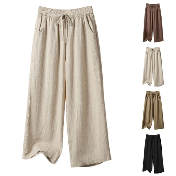 VBVC Women's Cotton Linen Wide Leg Pants , Casual Loose Trousers For Women , Ladies' Drawstring Lounge Pants with Pockets, Beige , M-4XL