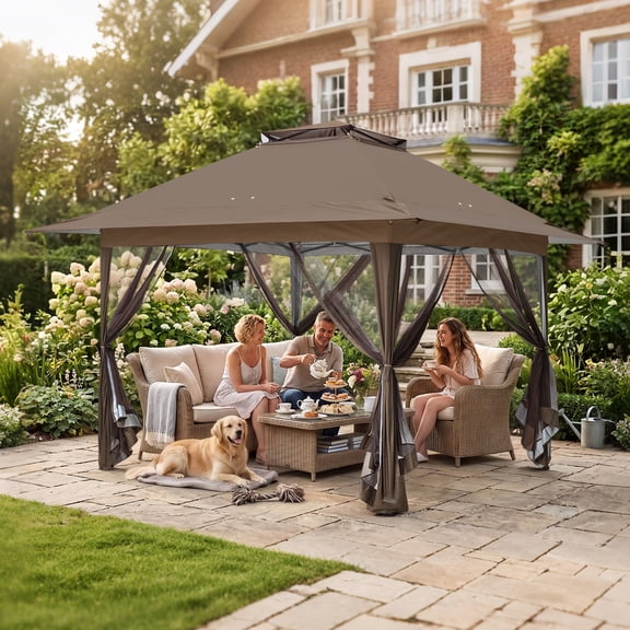 EAGLE PEAK 13x13 Pop Up Gazebo with Mesh Netting, Easy Up Screened Canopy for Patio and Backyard (Brown)