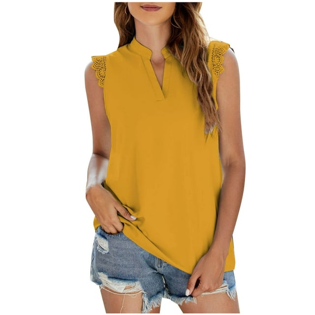 Blusas de Verano Ligeras para Mujeres, Moda Color Sólido sin Mangas Encaje Cuello en V Tanque para Ocasional Y Fiesta