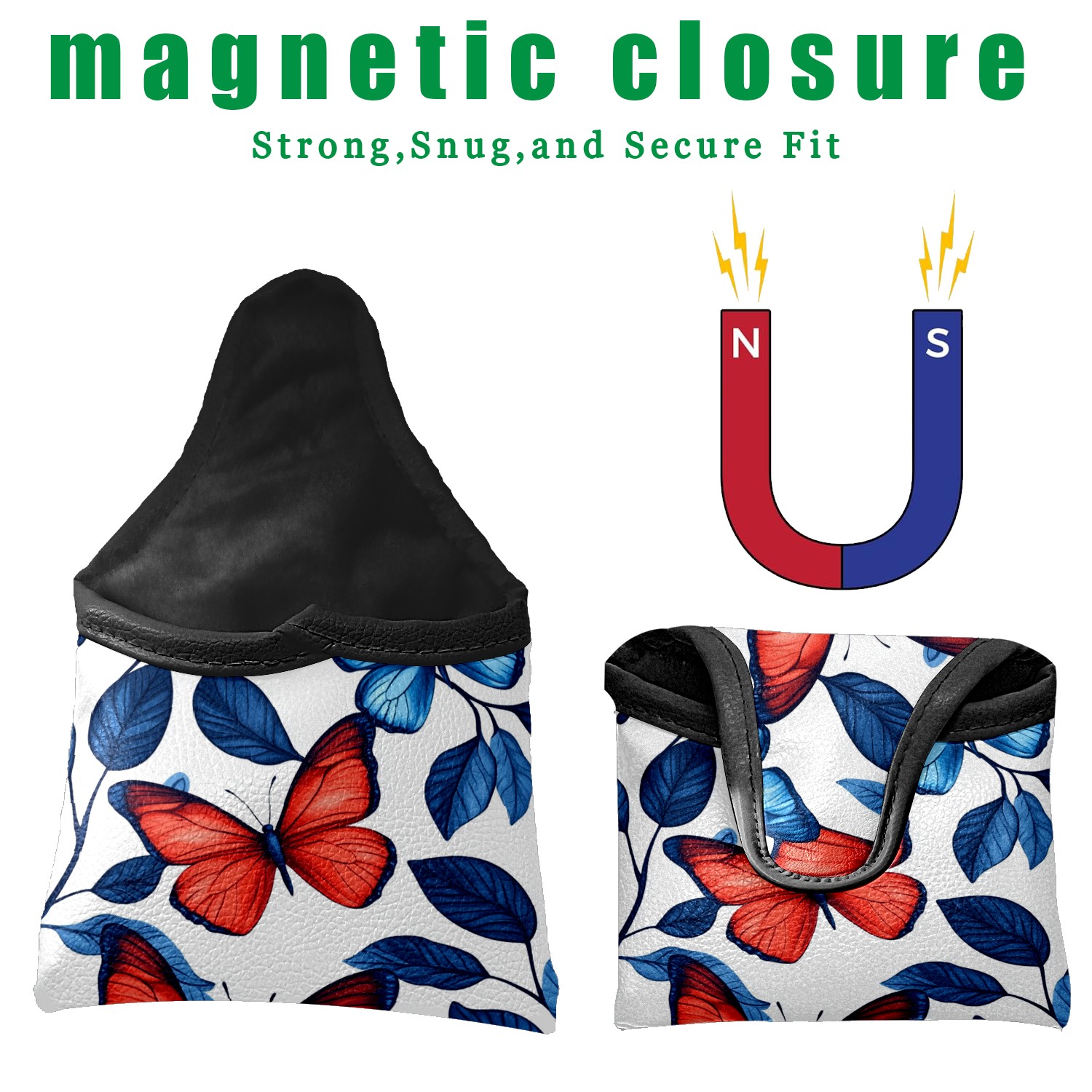 Golf Mallet Putter Cover Premium Leather Waterproof Golf Putter Head Cover with Magnetic Closure Red And Blue Butterfly
