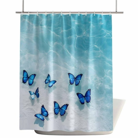 Shower Curtains for Bathroom-72"x72",Natural Ocean Beach Blue Butterfly Waterproof Bath Curtain Grommet Shower Curtain Set with Hooks,Summer Coastal Scene Washable Bath Accessories