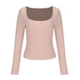 thumbnail image 4 of Lenpel Women's Long Sleeve T Shirts Ribbed Square Neck Lace Trim Stretchy Slim Basic Crop Tops Casual Tee Blouses, 4 of 6