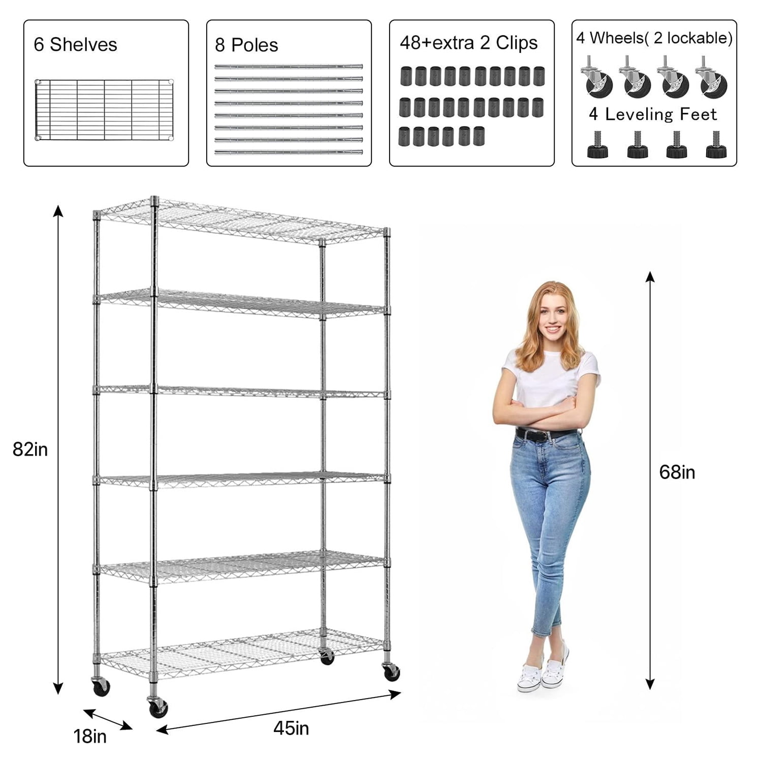6-Tier Wire Shelving Unit 2100Lb Capacity Adjustable Storage Shelves Heavy Duty Storage Rack with Wheels NSF Metal Shelf for Closet Kitchen Garage Basement, 48" L x 18" W x 82" H, Chrome