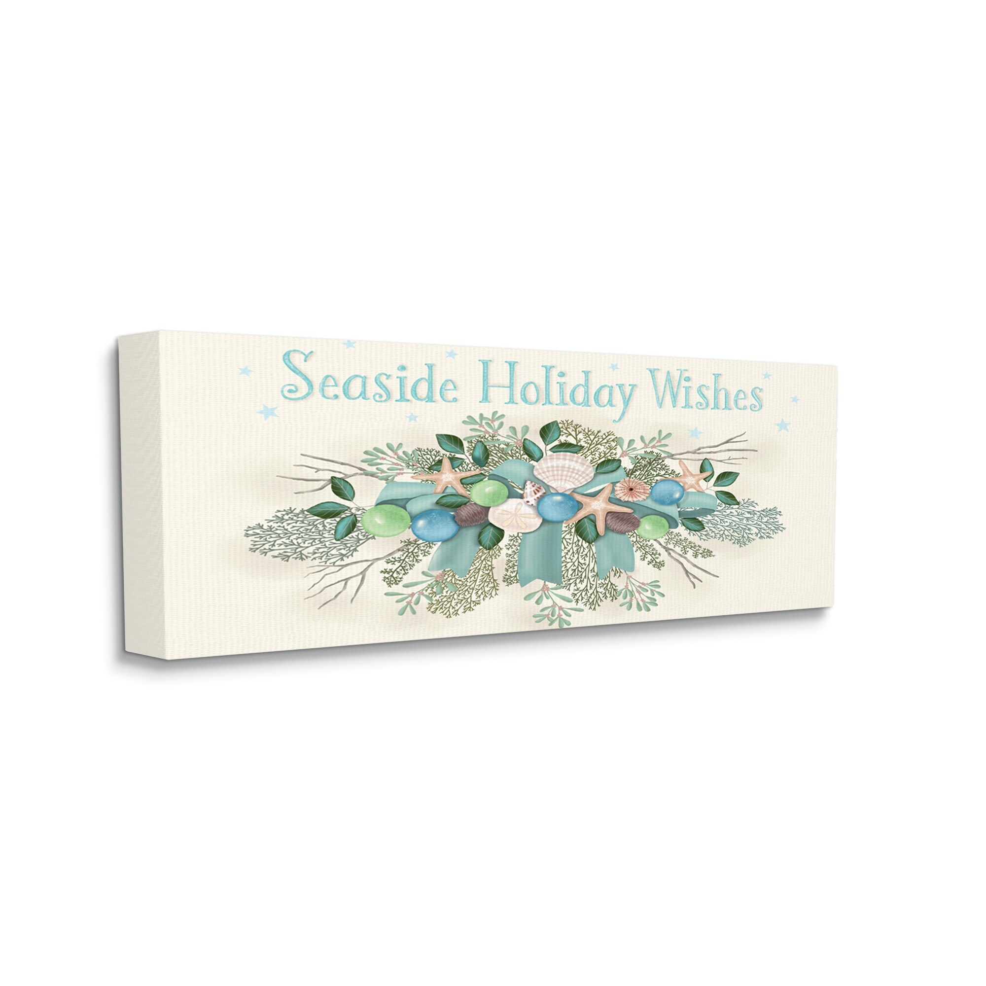 Seaside Holiday Wishes Beach Coral Seashells Arrangement Coastal Graphic Art Gallery-Wrapped Canvas Print Wall Art