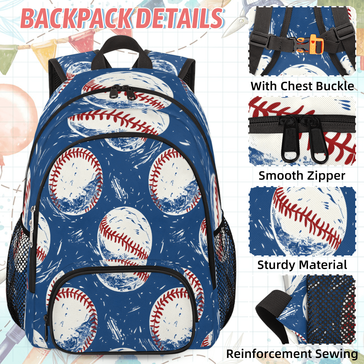 Herdesigns Baseball Sports Large Backpack Set with Lunch Box Lightweight Water Resistant Travel Laptop Backpacks Casual Daypacks for Women Men