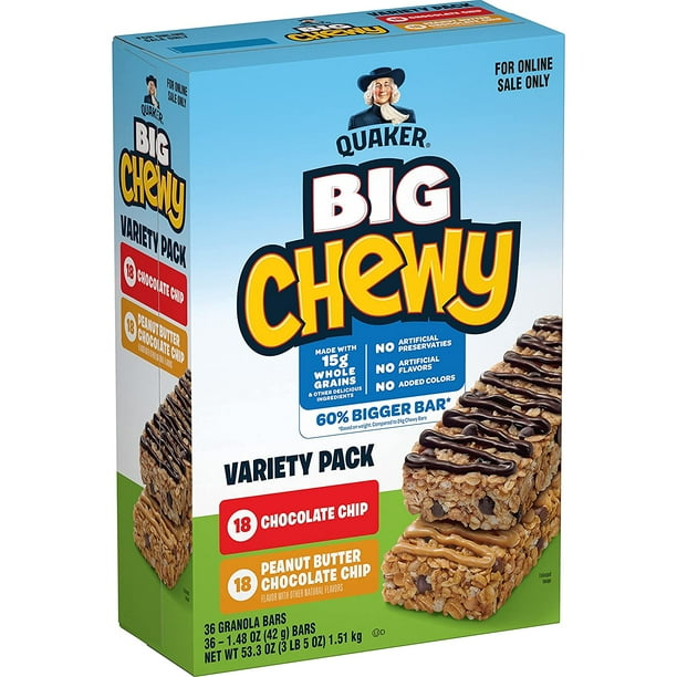 Quaker Big Chewy Granola Bars, 60% Larger, 2 Flavor Variety Pack, 36 ...