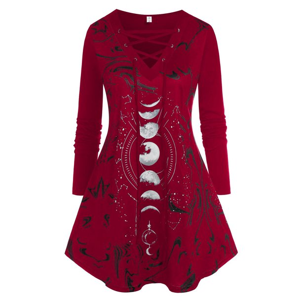 Top de Talla Extra con Estampados de Luna y Cordones Rosegal Mangas largas de talla grande