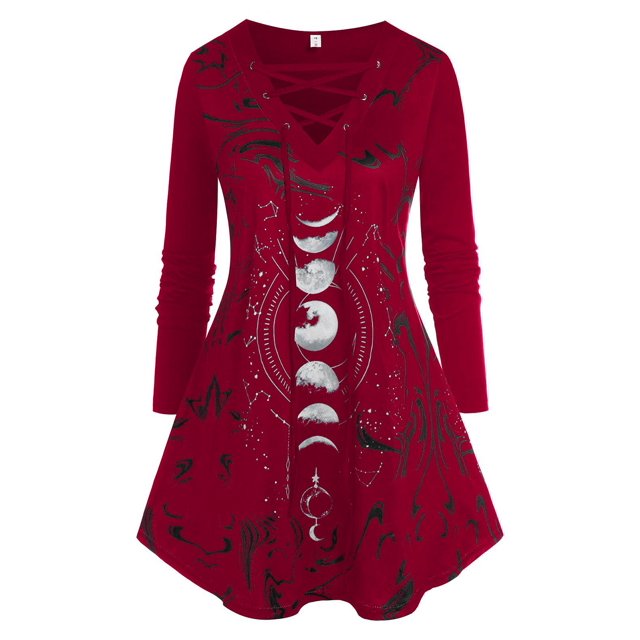 Top de Talla Extra con Estampados de Luna y Cordones Rosegal Mangas largas de talla grande