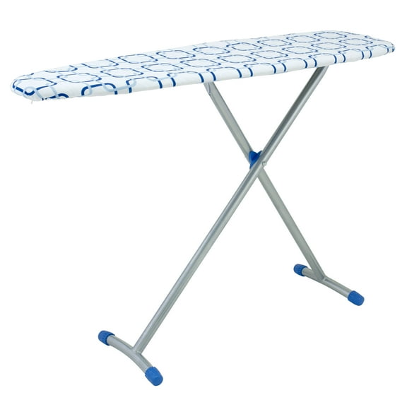 Household Essentials Arched T-Leg Ironing Board, Steel Top and Strong Metal Frame, Heat-Resistant Cotton Cover with Fiber Padding, Silver Frame, Blue Geometric Pattern with Matching Feet