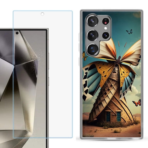 OneToughShield ® Compatible with Samsung Galaxy S24 Ultra, Shockproof Phone Case, with Tempered Glass Screen Protector - Butterfly Windmills