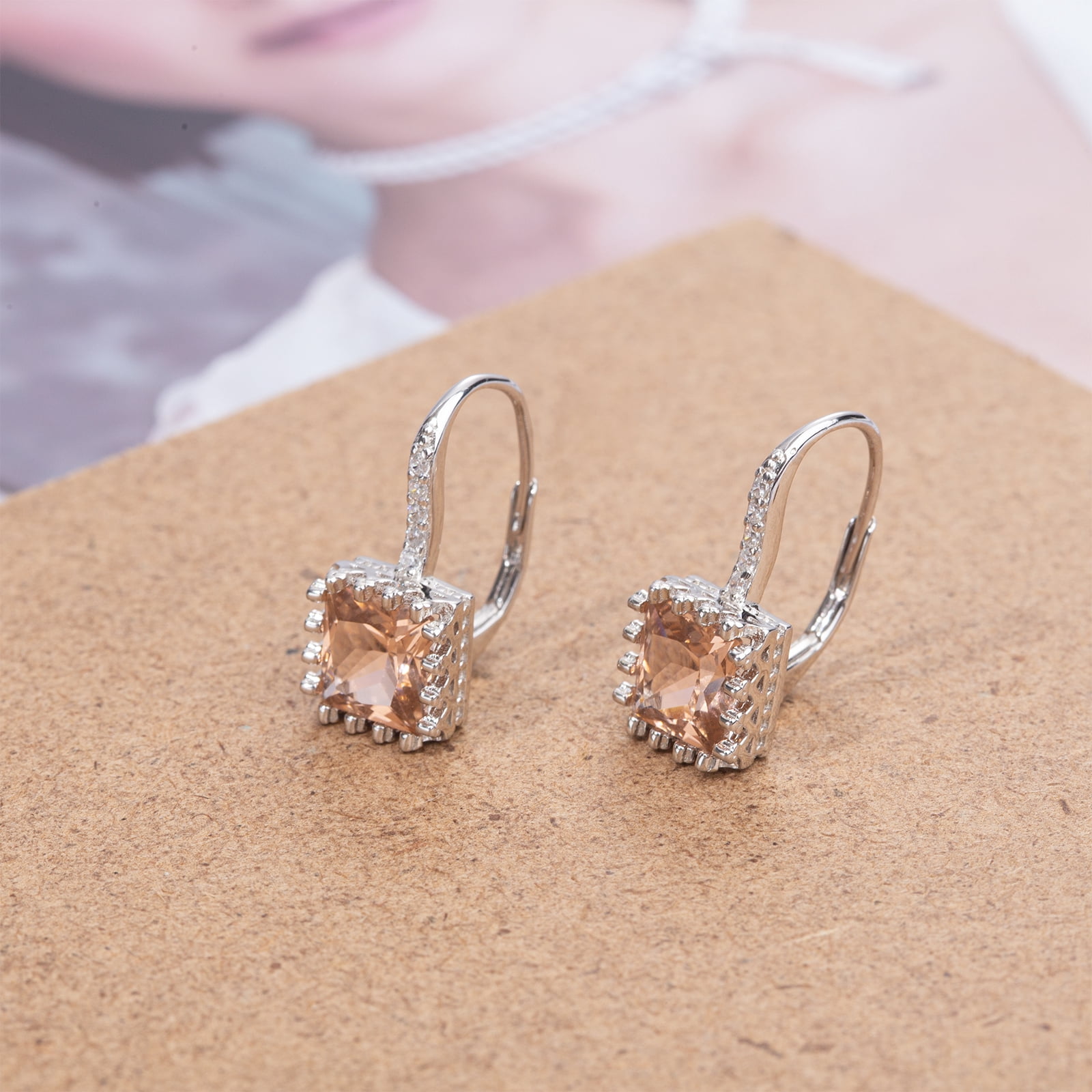 925 Sterling Silver Lever Back Earrings with Princess Cut Cubic Zirconia for Women